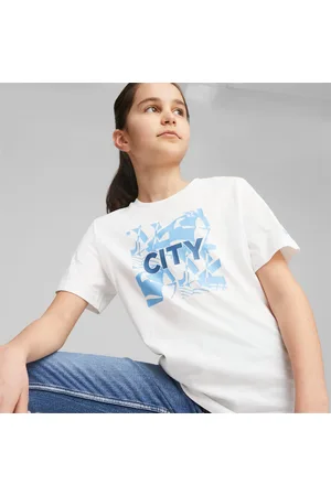 PUMA Manchester City Ftblcore Youth Graphic T-Shirt, White/Light Blue, size 128, Clothing
