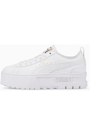PUMA Mayze Leather Youth Trainers, White/Gold, size 35,5, Shoes