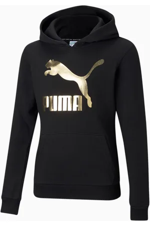 PUMA Classics Logo Youth Hoodie, Black/Foil, size 11-12Y, Clothing