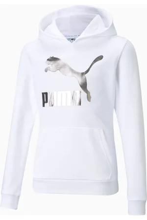 PUMA Classics Logo Youth Hoodie, White/Foil, size 11-12Y, Clothing