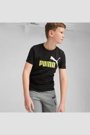 PUMA Essentials+ Two-Tone Logo T-Shirt Youth, Black/Lime Sheen, size 104, Clothing