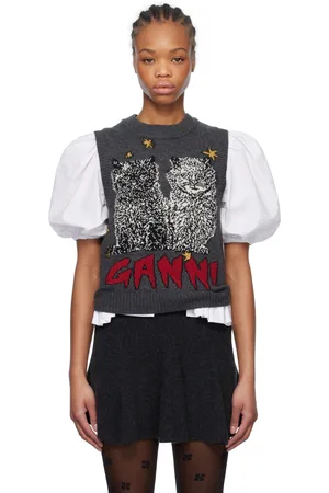 Ganni Gray Graphic Cats Vest