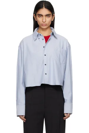 Ami Blue Cotton Button-Down Cropped Oversized Shirt