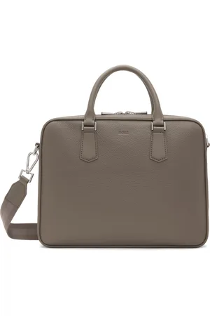 HUGO BOSS Taupe Grained Leather Logo Briefcase