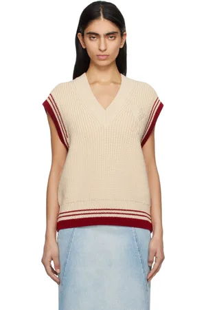 Ami Beige Wool Ribbed Sleeveless V Neck Vest