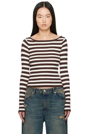 Frankies Bikinis Brown & Off-White Theo Striped Knit Sweater