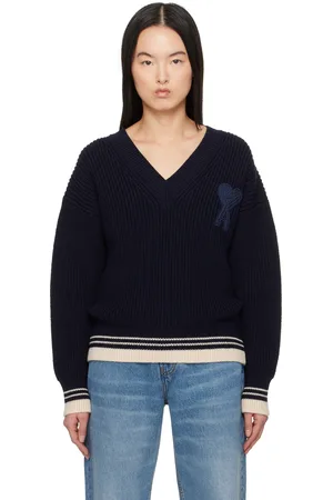 Ami Navy Wool Ribbed V-Neck Sweater