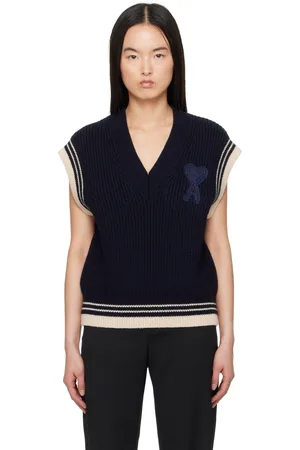 Ami Navy Wool Ribbed Sleeveless V Neck Vest