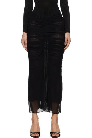 MUGLER Black Ruched Mesh Midi Skirt
