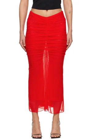 MUGLER Red Ruched Mesh Midi Skirt