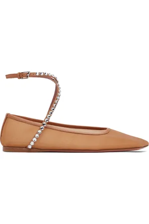 Amina Muaddi Tan Ane Mesh Crystal Ballerina Flats