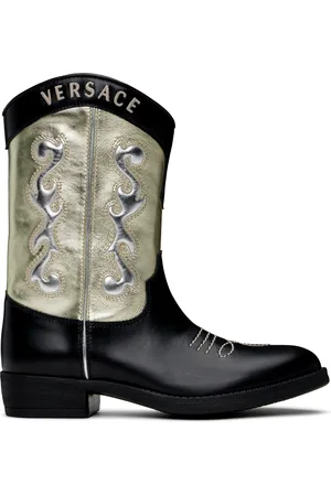 VERSACE Kids Black & Gold Embroidered Texan Boots