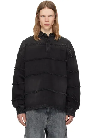 JUUN.J Horizontal Fringe Long Sleeve Denim Polo