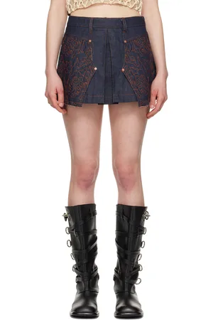 Andersson Bell Navy Embroidery Panel Pleated Denim Miniskirt