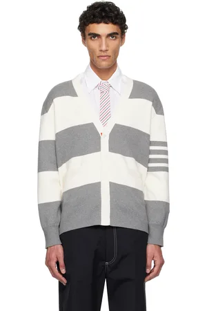 Thom Browne Gray & Off-White Rugby Stripe Milano Stitch V Neck Cardigan