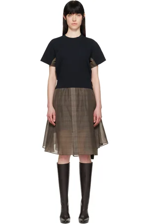 SACAI Navy & Brown Spun Organza & Cotton Jersey Midi Dress