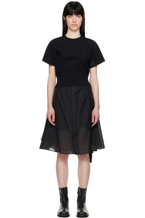 SACAI Black Spun Organza & Cotton Jersey Midi Dress