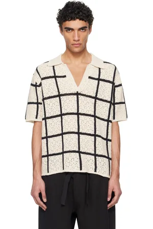 COMMAS Off-White & Black Crochet Check Open Placket Polo