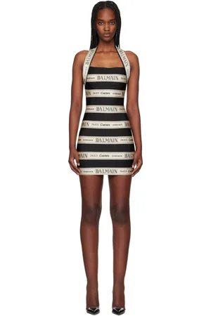 Balmain Black & Off-White Jacquard Halterneck Minidress
