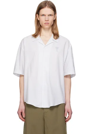 Ami White & Blue Cotton Camp Collar Short Sleeves Shirt