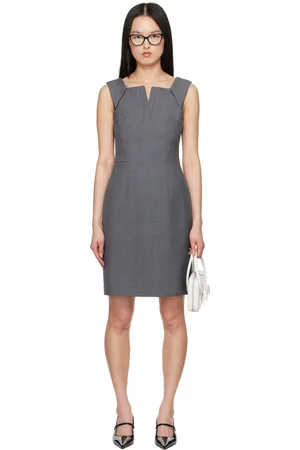 Shushu/Tong Gray Lapel Waist-Cinching Straight Minidress
