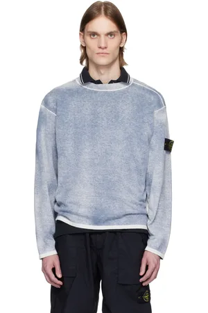 Stone Island Blue & White Raw Hand Light Organic Cotton Sweater