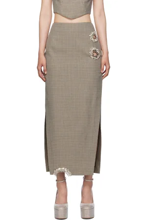AREA Brown Distressed Crystal Midi Skirt