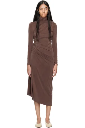 Atlein Brown Ruched Midi Dress