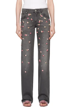 BLUMARINE Gray Wide Leg Embroidery Roses Jeans