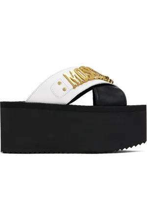 Moschino Black & White Lettering Logo Wedge Sandals