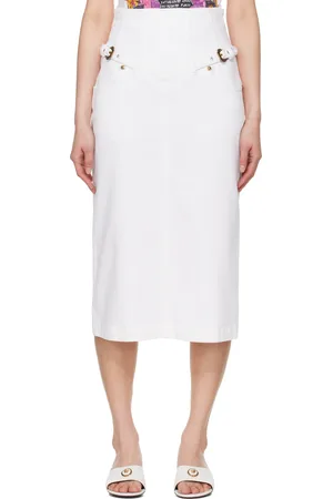 VERSACE White Baroque Buckle Denim Midi Skirt