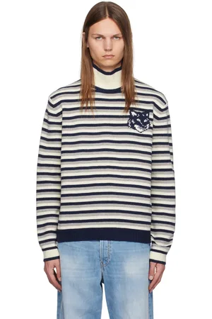 Maison Kitsuné Navy & White Fox Head Intarsia Striped Turtleneck