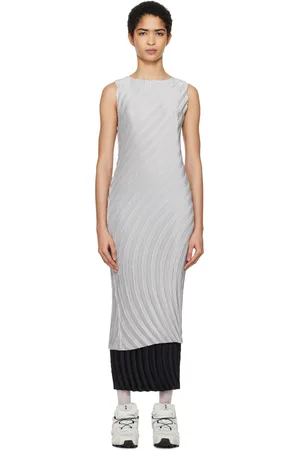 Issey Miyake Gray Nuance Pleats Solid Midi Dress