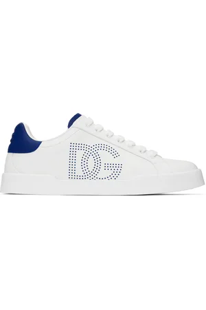 Dolce & Gabbana White & Navy Calfskin Strobel Portofino Light Sneakers