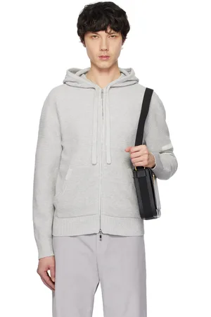 Thom Browne Gray Linen Cotton 4-Bar Relaxed Fit Zip Up Hoodie