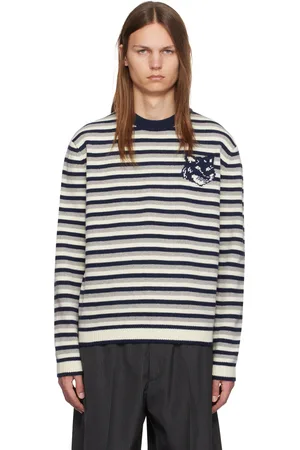Maison Kitsuné Navy & White Fox Head Intarsia Striped Sweater