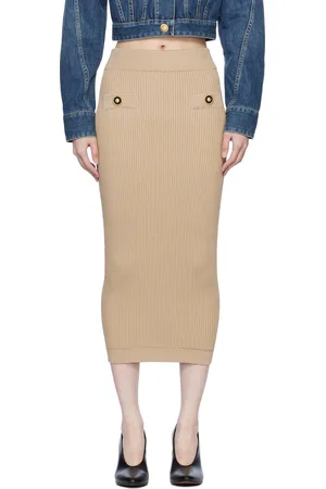 Balmain Beige Plain Ribbed Knit Midi Skirt