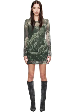 Alexander Wang Green Crystal Hotfix Cloud-Print Sheer Minidress