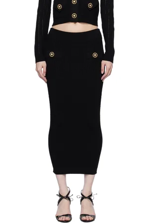 Balmain Black Plain Ribbed Knit Midi Skirt