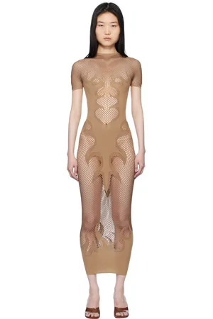Poster Girl Beige Peachy Fishnet Bodycon Maxi Dress