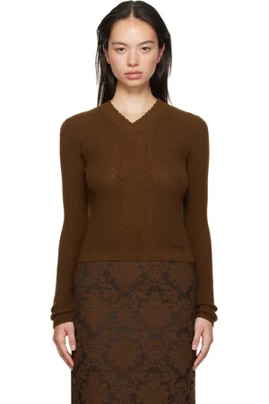 Shushu/Tong Brown Lace-Trimmed V-Neck Sweater