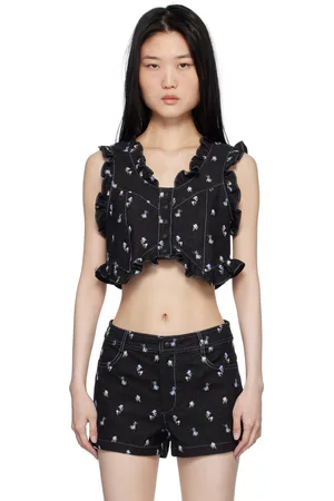 Anna Sui Black Embroidered Roses Cropped Denim Vest