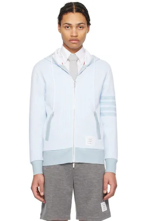 Thom Browne White & Blue 4-Bar Hoodie