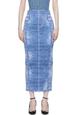 Balmain Blue Denim Effect Knit Midi Skirt