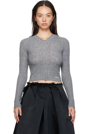 Shushu/Tong Gray Lace-Trimmed V-Neck Sweater