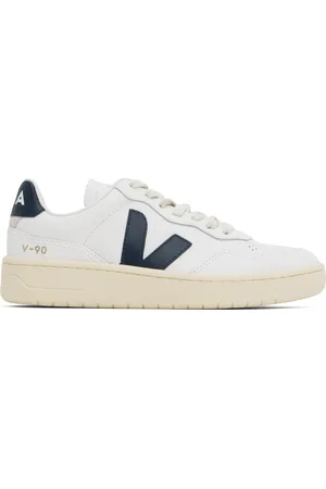Veja White & Navy V-90 Leather Sneakers