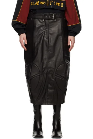 MARTINE ROSE Black Biker Leather Midi Skirt