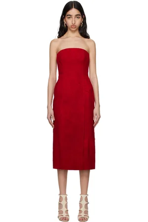 Alexander McQueen Red Strapless Suede Midi Dress