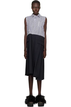 SACAI White & Navy Suiting x Cotton Poplin Midi Dress