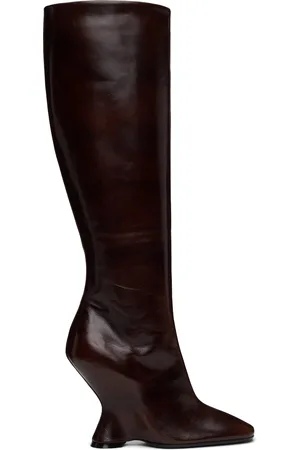 DRIES VAN NOTEN Brown Leather Wedge Tall Boots